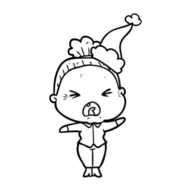 çizim için Noel Baba şapkası giyen kızgın bir yaşlı kadının el çekilmiş