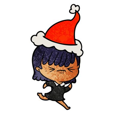 Noel Baba şapkası giymiş bir kızın dokulu karikatür rahatsız el çekilmiş