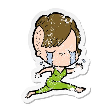 çalışan bir karikatür ağlayan kızın sıkıntılı etiket