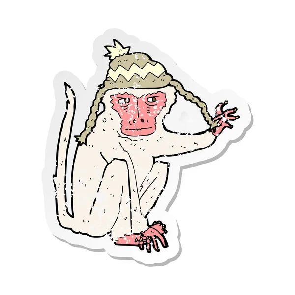 Etiqueta Angustiada Retro Macaco Dos Desenhos Animados Que Usa Chapéu — Vetor de Stock