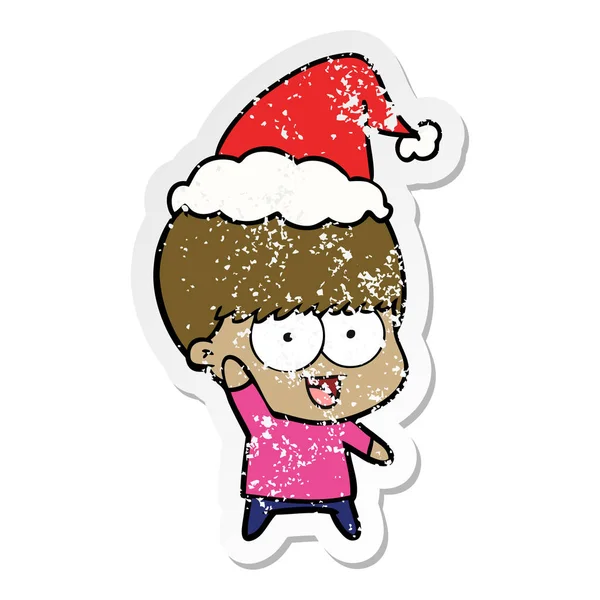 Gelukkige Hand Getekend Noodlijdende Sticker Cartoon Van Een Kerstmuts Wuivende — Stockvector