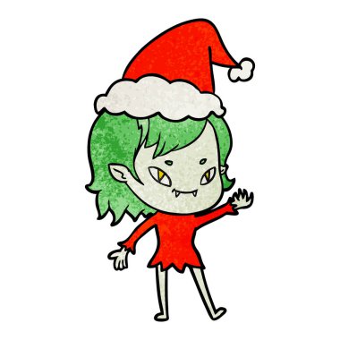 Noel Baba şapkası giyen bir dostu vampir kız dokulu çizgi film el çekilmiş