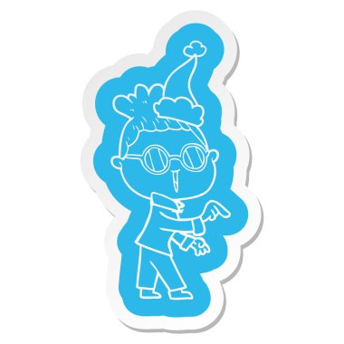 Noel Baba şapkası giyen gözlük takan bir kadın ilginç çizgi film etiketi