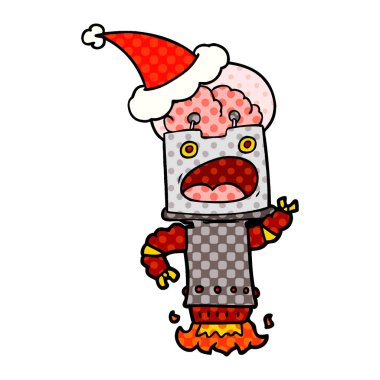 çizgi roman tarzı illüstrasyon Noel Baba şapkası giyen bir robot el çekilmiş