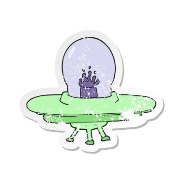 Retro sıkıntılı etiket bir karikatür uçan daire