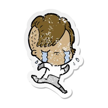Kız giyiyor uzay giysileri ağlıyor bir karikatür sıkıntılı etiket