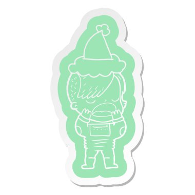 uzay giysisi Noel Baba şapkası giyen bir serin yeniyetme kızın ilginç çizgi film etiketi