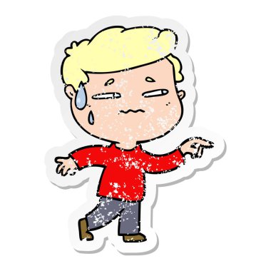 işaret eden bir çizgi film endişeli insanın sıkıntılı etiket