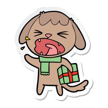 Noel hediyesi bir sevimli çizgi köpek etiket