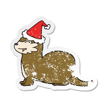 su samuru gülerek el sıkıntılı etiket karikatür giyen Noel Baba şapkası, çekilmiş