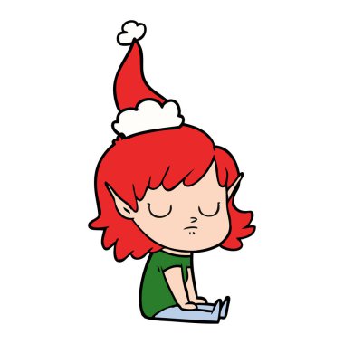 çizim için Noel Baba şapkası giyen bir elf kızın el çekilmiş