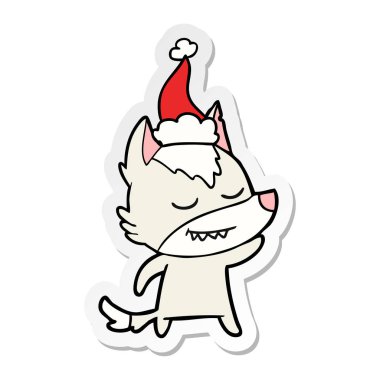 etiket karikatür Noel Baba şapkası giyen bir kurt dostu el çekilmiş