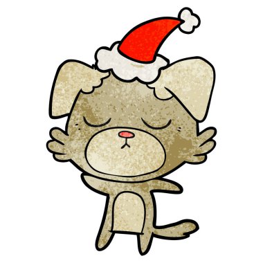 Noel Baba şapkası giyen bir köpek dokulu çizgi film sevimli el çekilmiş