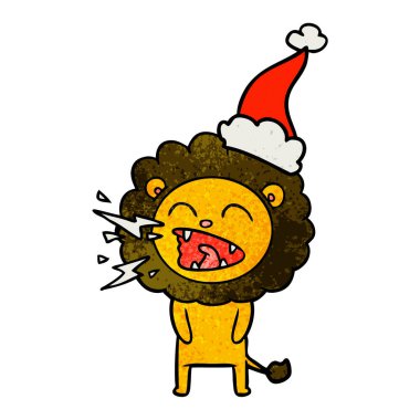 Noel Baba şapkası giyen kükreyen aslan dokulu çizgi film el çekilmiş