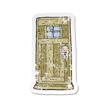 Retro sıkıntılı etiket bir çizgi film eski ahşap kapı