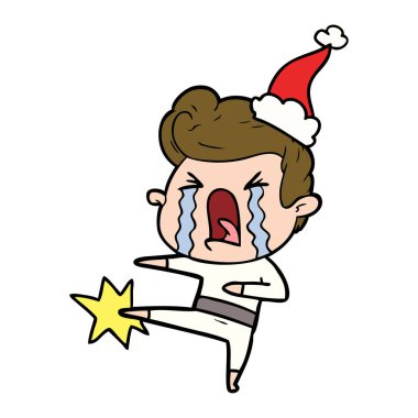 el çizim için ağlayan bir adam Noel Baba şapkası giyiyor, çekilmiş