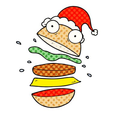 çizgi roman tarzı illüstrasyon santa giyen bir şaşırtıcı Burger 