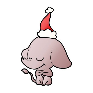 Noel Baba şapkası giyen gülümseyen bir filin degrade çizgi film el çekilmiş