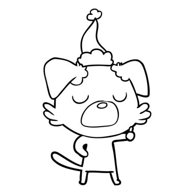 Noel Baba şapkası giyen bir köpek çizim için el çekilmiş