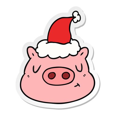 etiket karikatür Noel Baba şapkası giyen bir domuz yüz