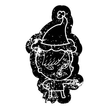 ilginç çizgi film simgesi giyen Noel Baba şapkası işaret sürpriz bir kızın sıkıntılı