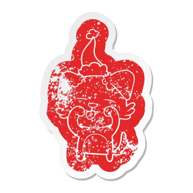 Noel Baba şapkası giyen gözlerini ovuşturarak bir köpek ilginç karikatür sıkıntılı etiket