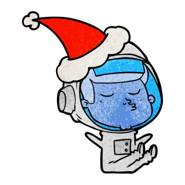el santa şapka takıyor kendine güvenen bir astronotun dokulu çizgi film çekilmiş