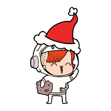 ay taşı santa şapka tutan bir mutlu spacegirl çizilmiş çizim el