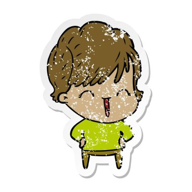 bir çizgi film gülen kadının sıkıntılı etiket