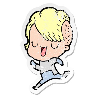 hippi saç kesimi ile sevimli çizgi kızın sıkıntılı etiket