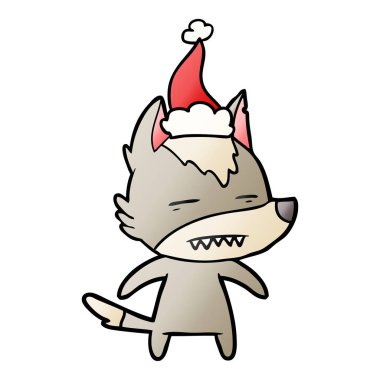 Noel Baba şapkası giyen diş gösterilen kurt degrade çizgi film el çekilmiş