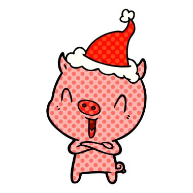 mutlu el domuz Noel Baba şapkası giyen bir çizgi roman tarzı resimde çekilmiş
