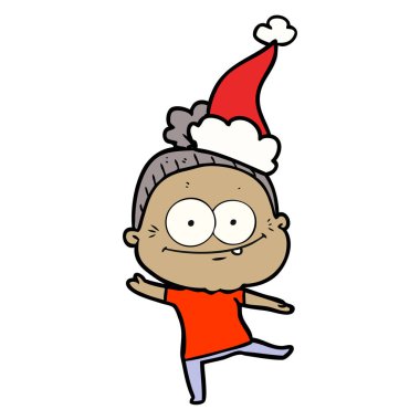 çizim için Noel Baba şapkası giyen bir mutlu yaşlı kadının el çekilmiş