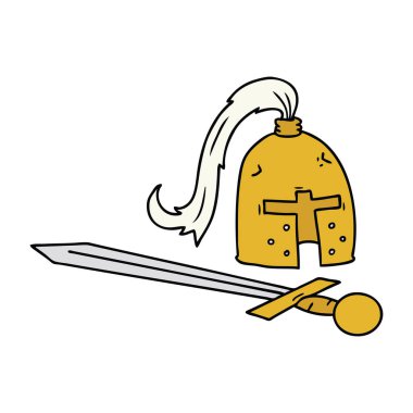 elle çizilmiş karikatür doodle bir ortaçağ kask ve kılıç
