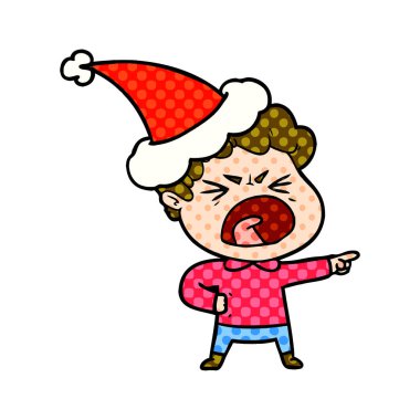 Noel Baba şapkası giyen bir öfkeli adam çizgi roman tarzı çizimi el çekilmiş