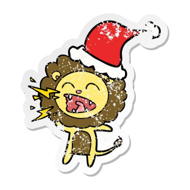 sıkıntılı etiket karikatür Noel Baba şapkası giyen kükreyen aslan