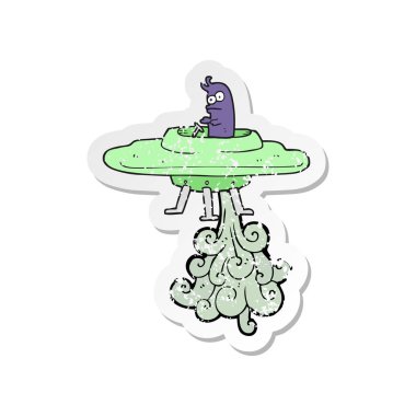 Retro sıkıntılı etiket bir karikatür uçan daire