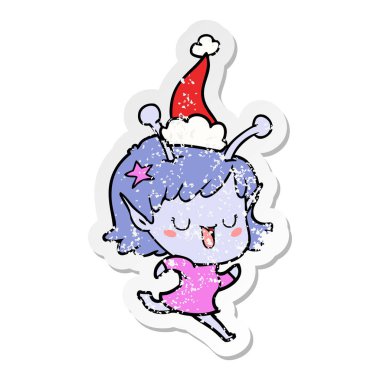 mutlu uzaylı kız sıkıntılı etiket karikatür giyen bir santa h