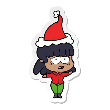 etiket karikatür Noel Baba şapkası giyen yorgun bir kadının el çekilmiş