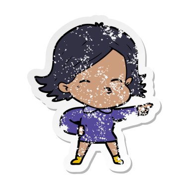 işaret eden bir çizgi film kadının sıkıntılı etiket