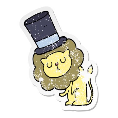 Silindir şapka giyen sevimli çizgi aslan sıkıntılı etiket