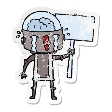 robot işareti sallayarak ağlayan bir karikatür sıkıntılı etiket
