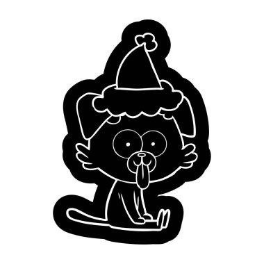 Noel Baba şapkası giyen yapışmasını dil ile bir oturma köpek ilginç çizgi film simgesi