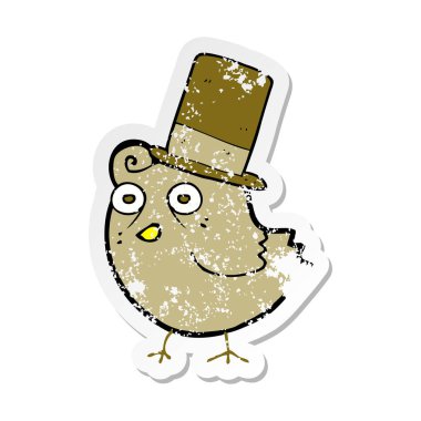 şapka giyen bir karikatür kuş Retro sıkıntılı etiket