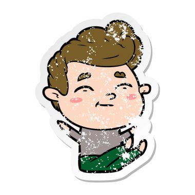 oturan bir mutlu çizgi film adamın sıkıntılı etiket