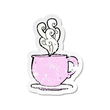 çizgi film çay fincanı şeker küpleriyle Retro sıkıntılı etiket