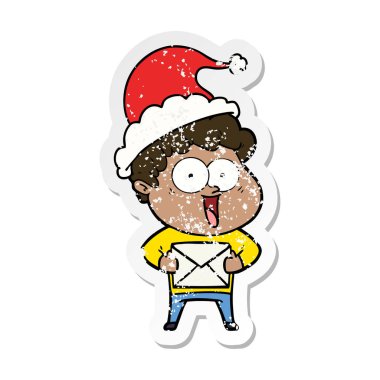 mutlu bir adam Noel Baba şapkası giyen sıkıntılı etiket karikatür