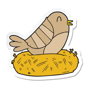 etiket yuva üzerinde oturan bir karikatür kuş