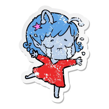 bir çizgi film ağlayan uzaylı kızın sıkıntılı etiket