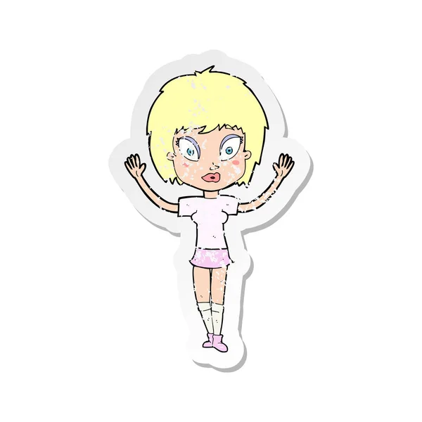 Retro Noodlijdende Sticker Van Een Cartoon Mooi Meisje — Stockvector
